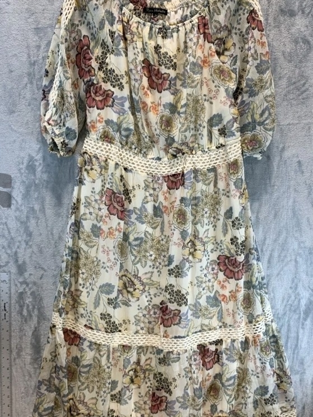 Ryan Michelle Crochet-Trim Midi Dress in Cream with Multi Colored Flowers Large